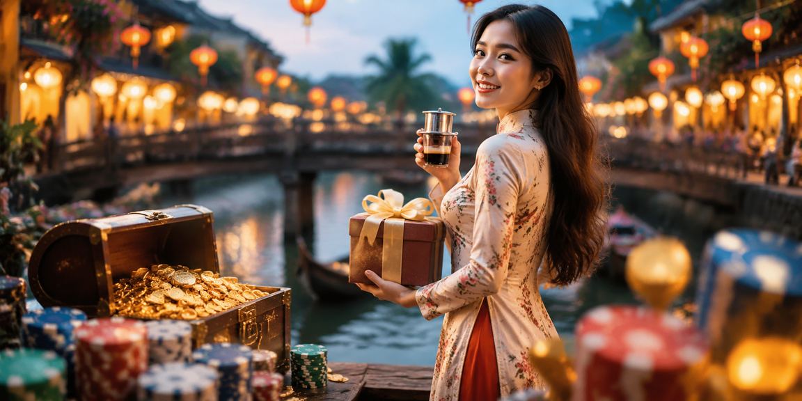 Người dùng Hội An ngồi cà phê trải nghiệm game bài và cá cược trực tuyến trên điện thoại